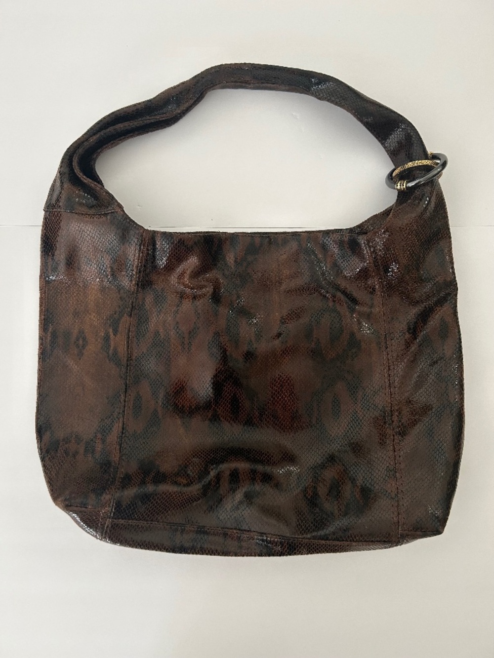 Kate Landry Leather Snake Print Large Hobo Handbag Black and Brown Boho Chic